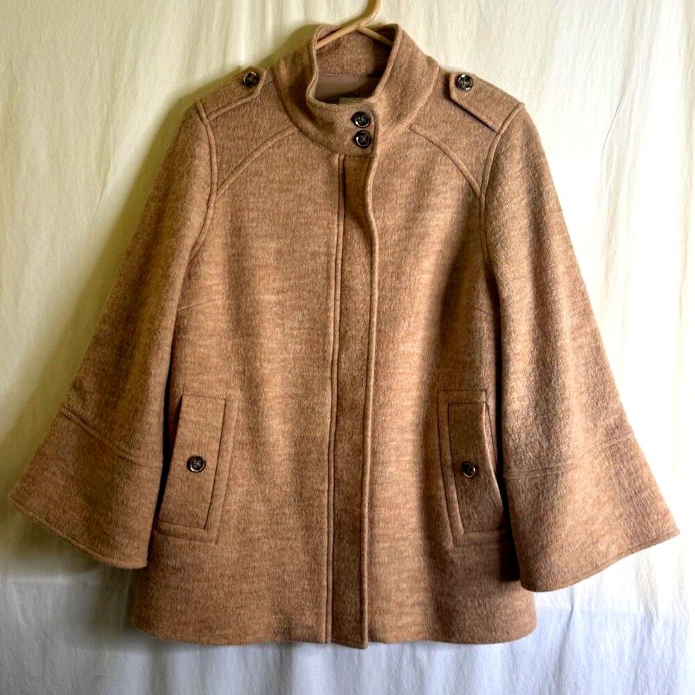 Chico's Women's Camel Tan 100% Wool Zip Jacket High Collar, 3/4 Sleeves Size S